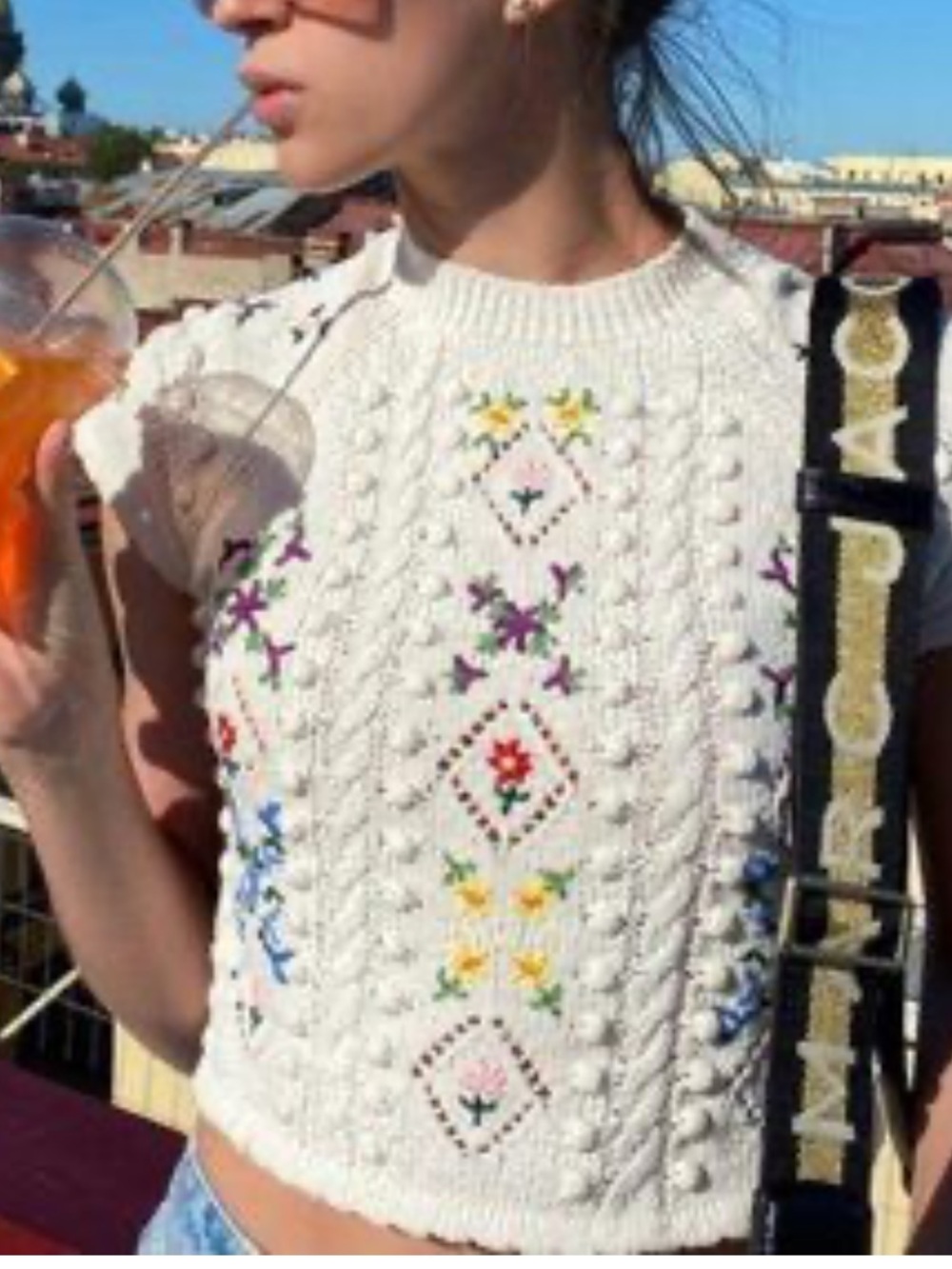 Zara Floral Embroidered Short Sleeve Knit Crop Sweater